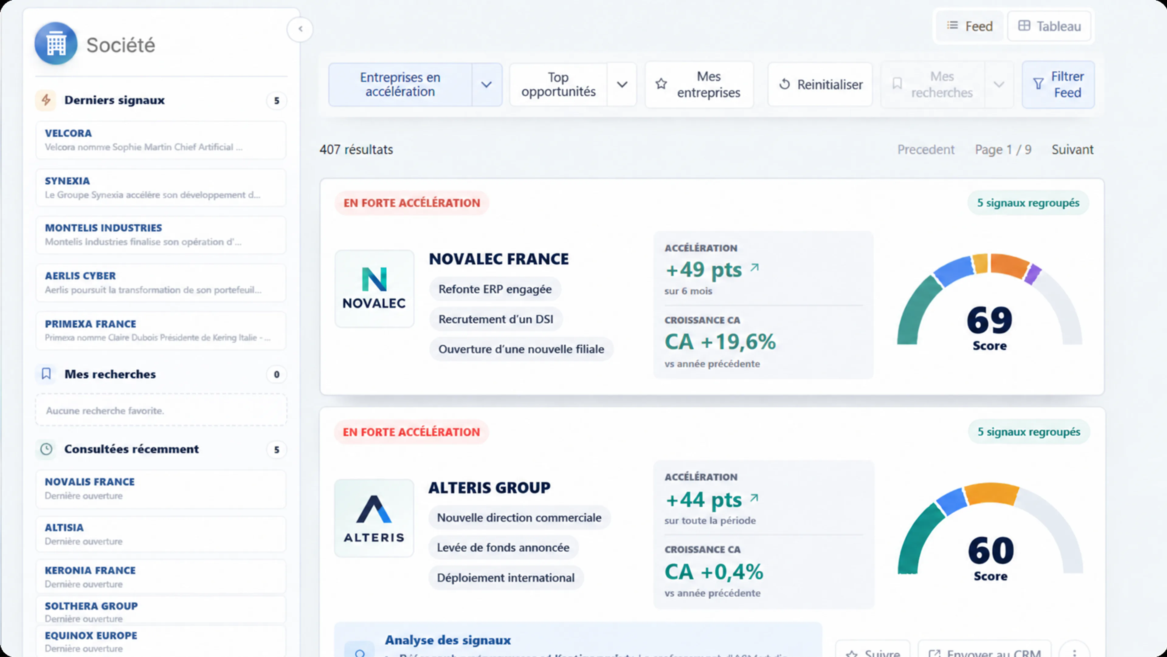 Tableau de bord Nexcade : entreprises en forte accélération, signaux regroupés et Change Score