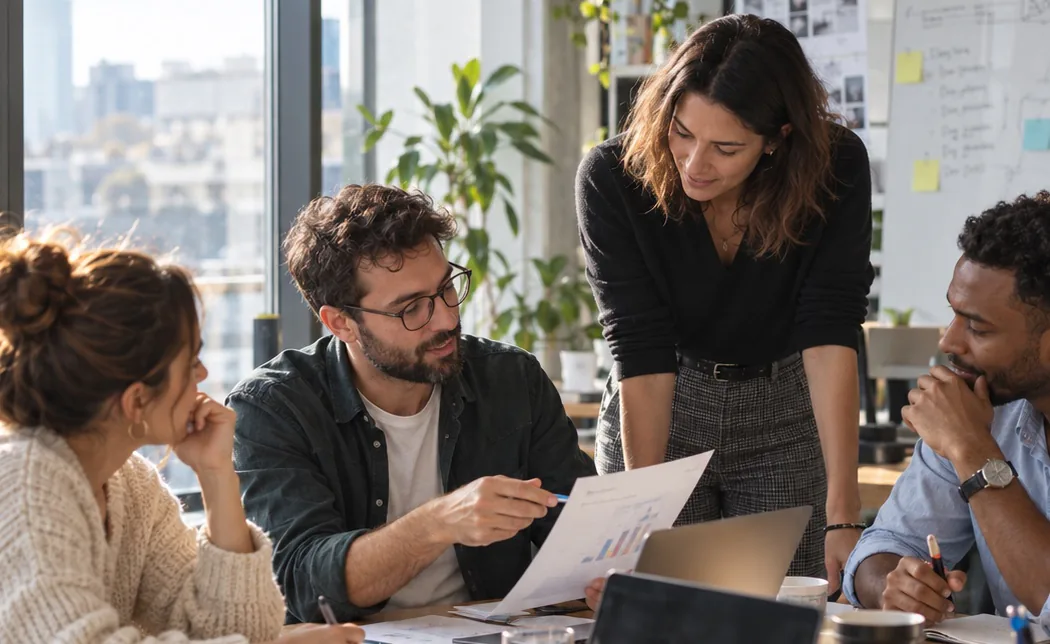 Équipe commerciale en réunion autour de documents